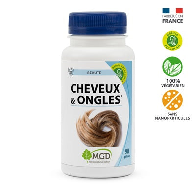 Bottle of MGD hair and nail supplement with blue cap on a white background