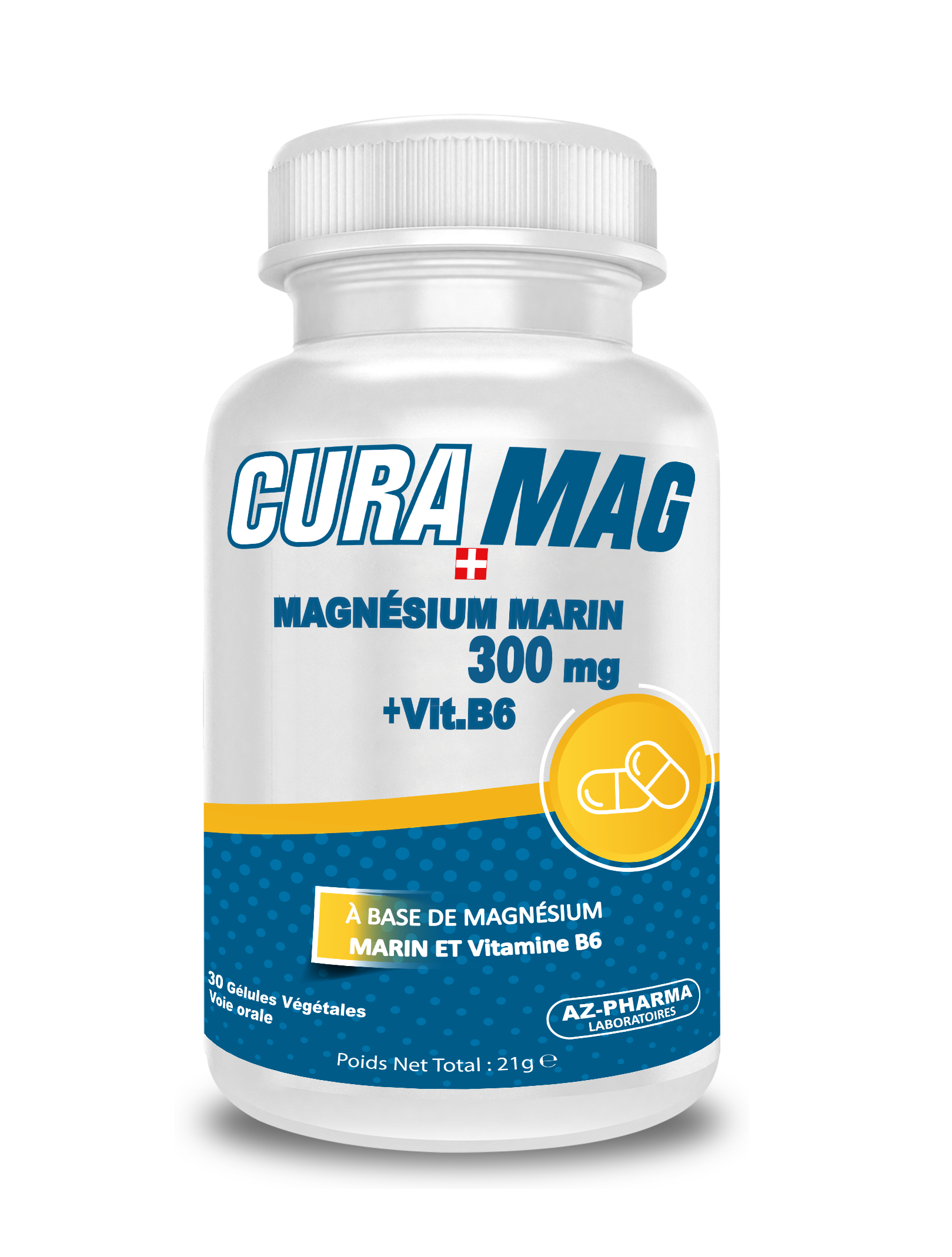 CURA MAG supplement bottle with white cap on a white background