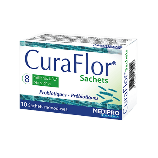Curaflor sachets packaging on a green background - Front view