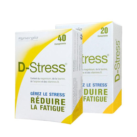 Two boxes of D-Stress supplement packaging on a white background