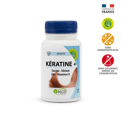 Keratin supplement bottle with blue cap and white label on a white background