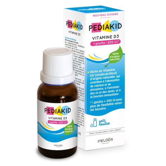 Pediakid Vitamin D3 bottle and packaging on a white background