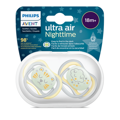 Philips Avent ultra air Nighttime pacifiers in packaging on a white background