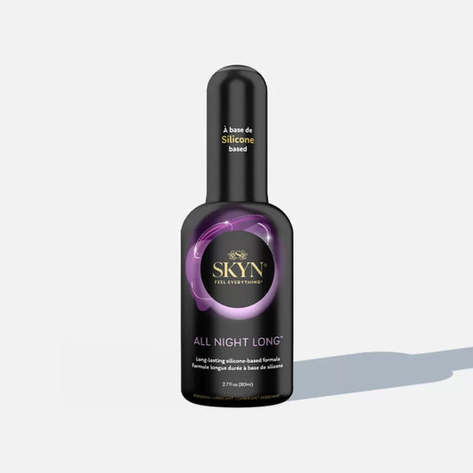 Skyn All Night Long silicone-based product bottle on a light gray background