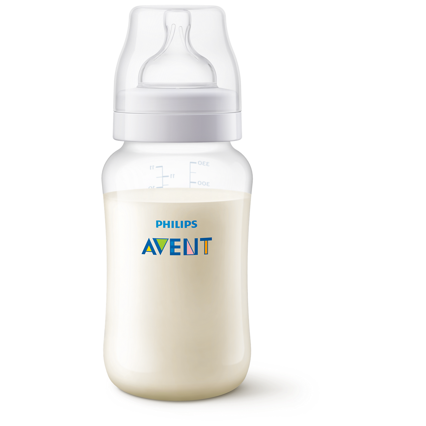 Philips Avent baby bottle with milk content on a white background