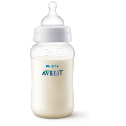 Philips Avent baby bottle with milk on a white background