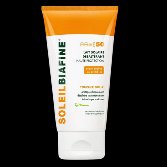Soleil Biafine sunscreen lotion tube with orange cap on a white background