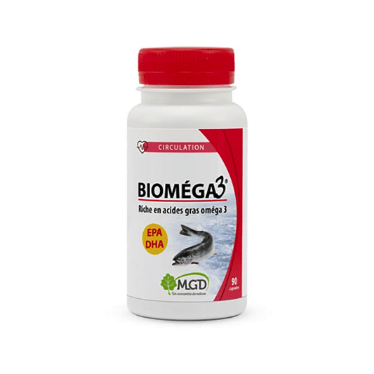 Biomega3 supplement bottle with red cap on a white background