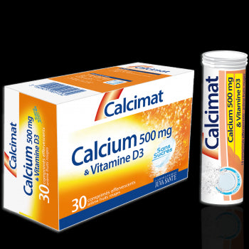 Calcimat calcium supplement packaging including a box and a tube on a white background