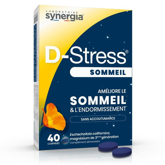 D-Stress sommeil supplement packaging with Synergia branding on a white background