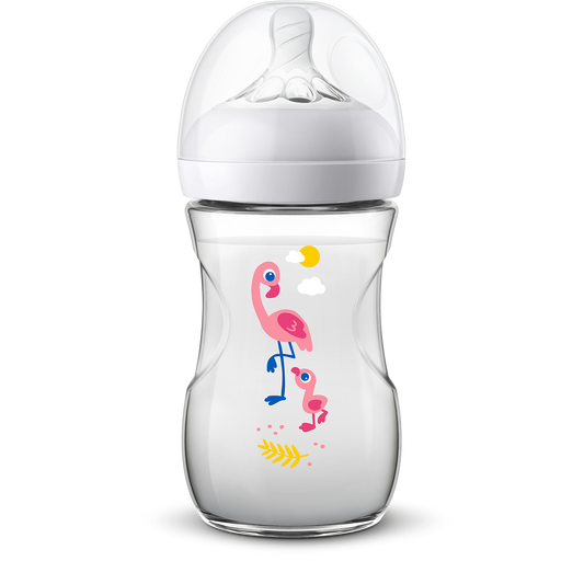 Baby bottle with flamingo design on a white background