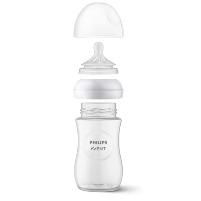 Philips Avent baby bottle with clear container and white cap on a white background