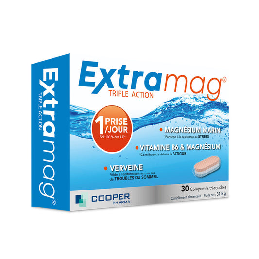 Box of ExtraMag triple action supplement with Cooper Pharma branding on a white background