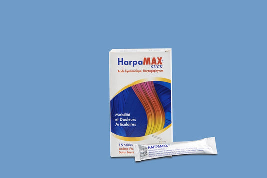 HarpaMax stick packaging with a stick on a blue background