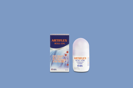 Artiflex roll-on bottle and packaging on a blue background