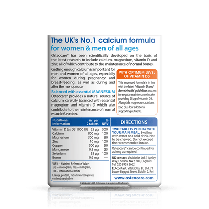 Osteocare supplement packaging with text on a green background