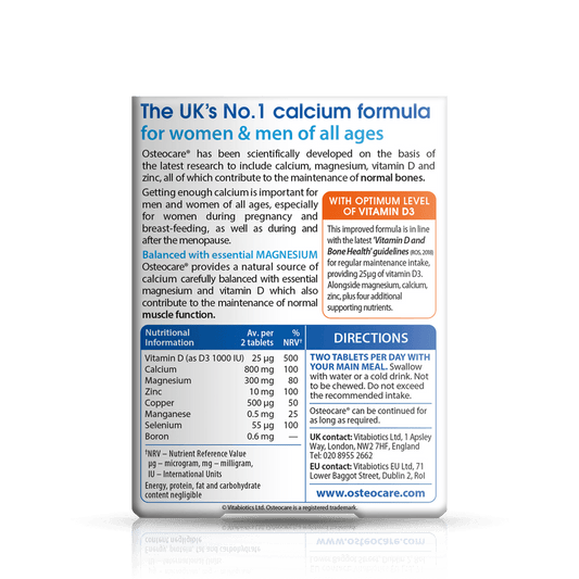 Osteocare supplement packaging with text on a green background