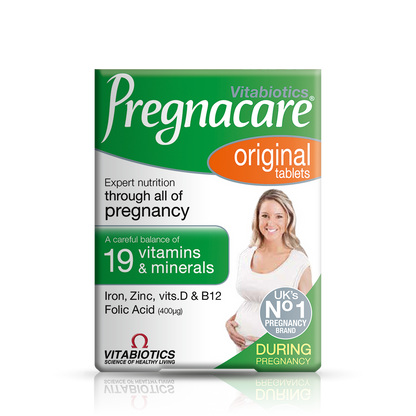 Vitabiotics Pregnacare packaging with a pregnant woman on a white background