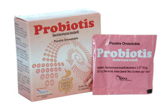Probiotic packaging with box and sachet on a white background