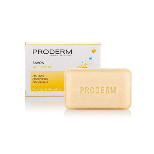 Proderm soap bar and packaging on a white background