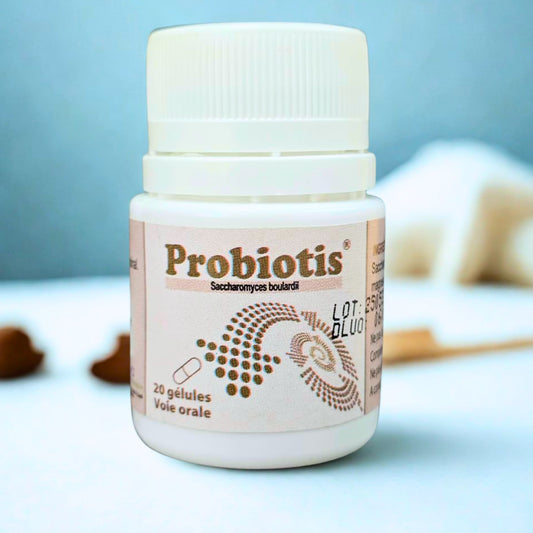 Probiotis Capsules white packaging on a blue blurred background 