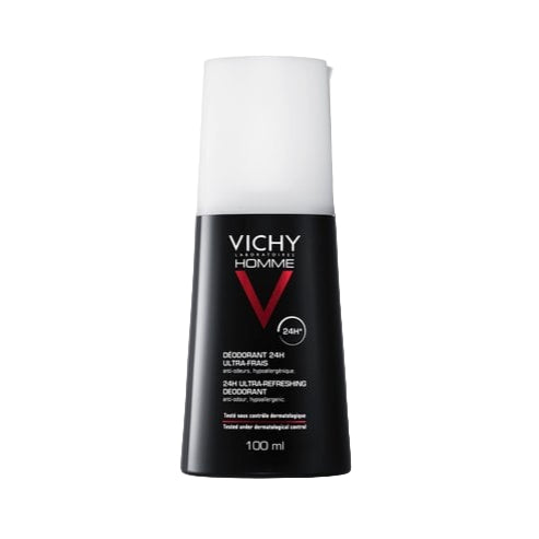 Vichy Homme deodorant bottle on a white background