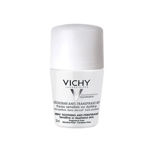 Vichy deodorant bottle on a white background